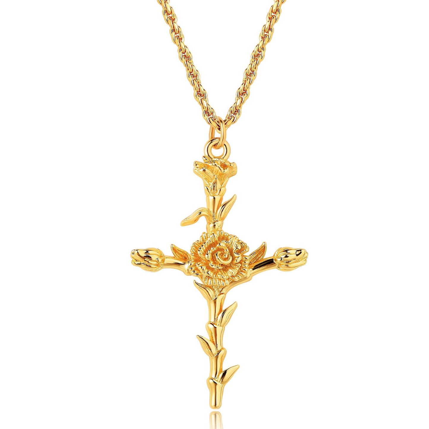 18K Gold Plated Cross Necklace, Birth Flower Pendant, 3D Floral Design, Adjustable O-Shaped Chain, Perfect Mother's Day Gift