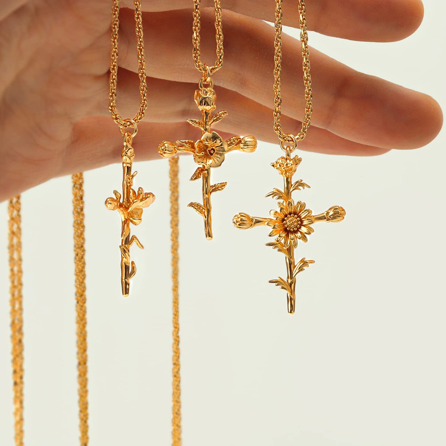 18K Gold Plated Cross Necklace, Birth Flower Pendant, 3D Floral Design, Adjustable O-Shaped Chain, Perfect Mother's Day Gift