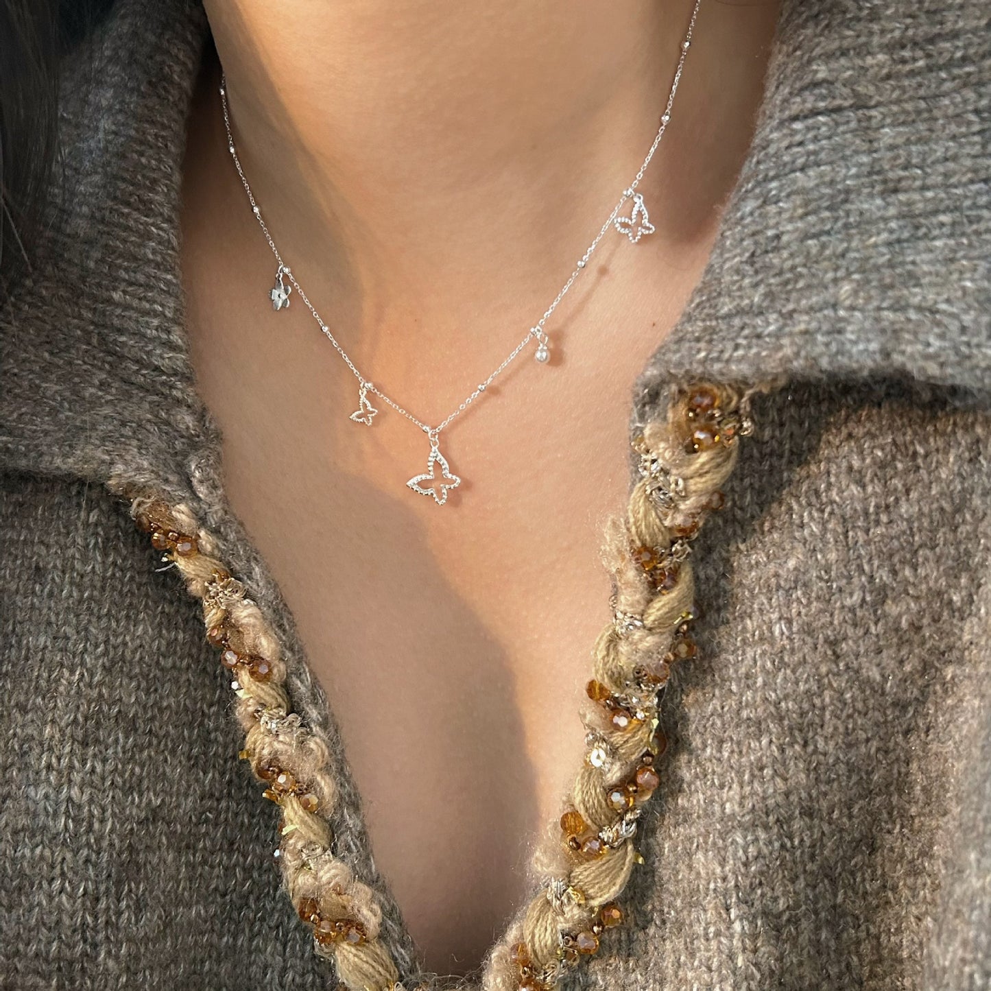 S925 Sterling Silver Butterfly Pearl Necklace - Women's Fashion Clavicle Chain