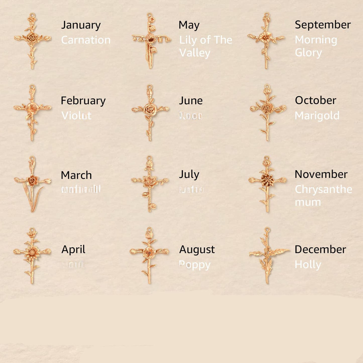 18K Gold Plated Cross Necklace, Birth Flower Pendant, 3D Floral Design, Adjustable O-Shaped Chain, Perfect Mother's Day Gift