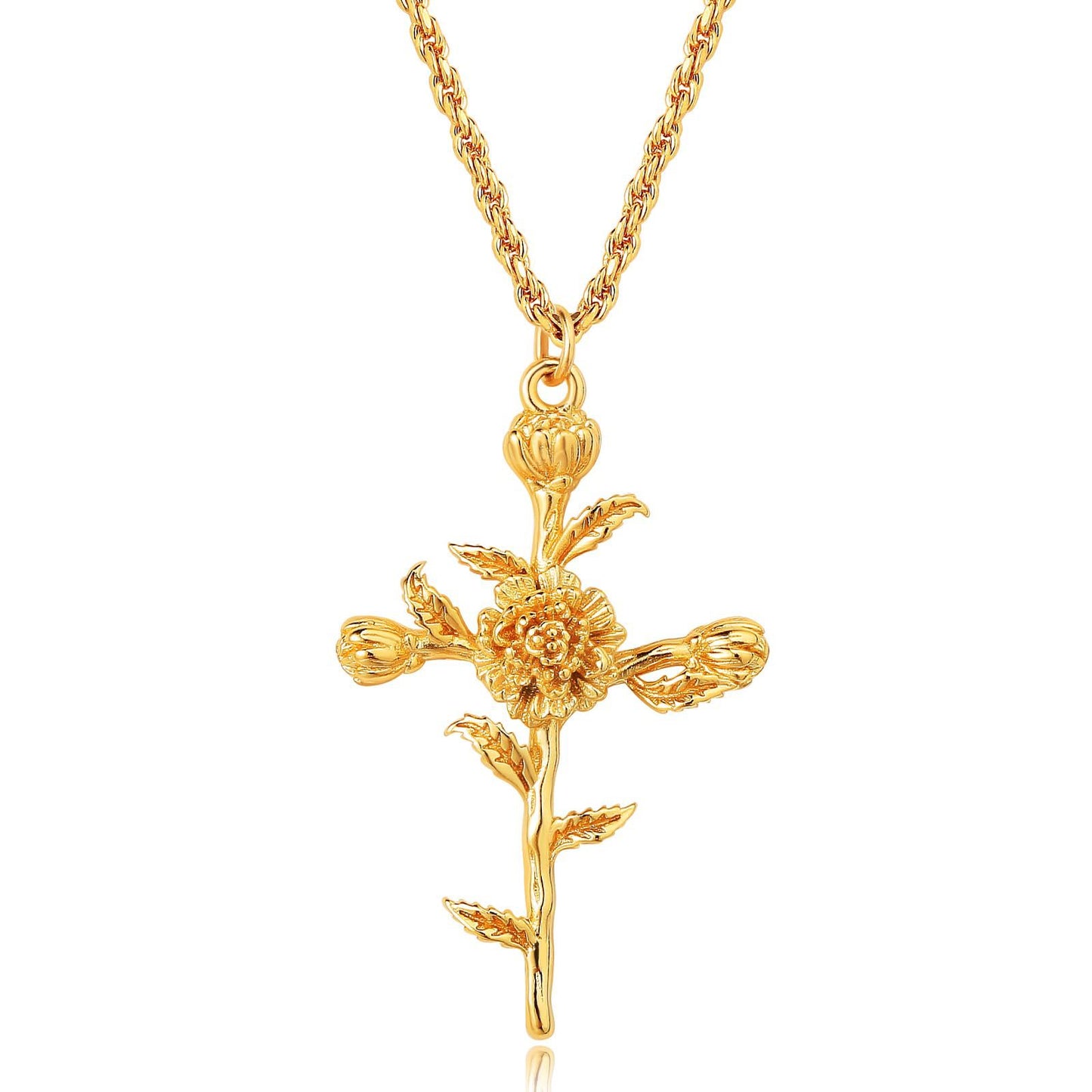 18K Gold Plated Cross Necklace, Birth Flower Pendant, 3D Floral Design, Adjustable O-Shaped Chain, Perfect Mother's Day Gift