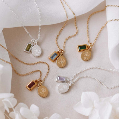 Birth Flower Necklace with Birthstone, Personalized Jewelry for Her, Moms Birthday Gift, Birthstone Jewelry, Flower Pendant Gift
