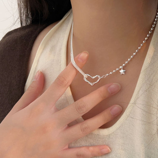 S925 Sterling Silver Hollow Heart Necklace for Women – Simple Star Clavicle Chain Jewelry