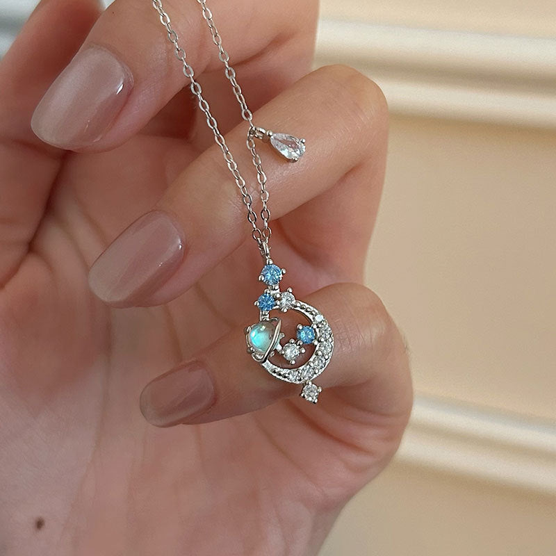 S925 Sterling Silver Moonstone Planet Necklace – Light Luxury Forest Style Clavicle Chain