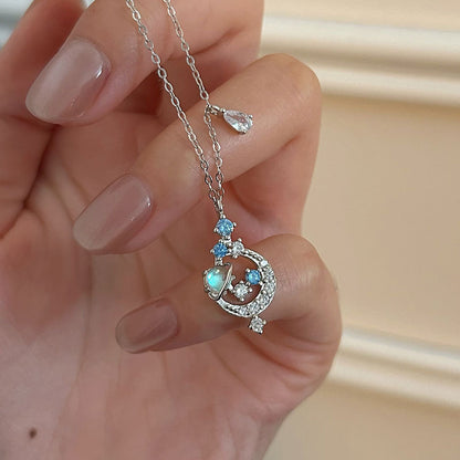 S925 Sterling Silver Moonstone Planet Necklace – Light Luxury Forest Style Clavicle Chain