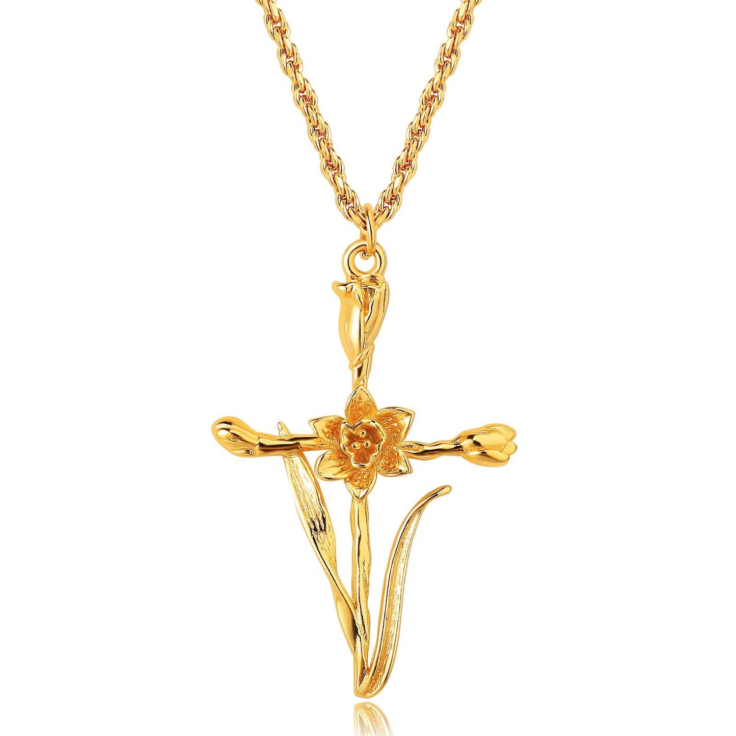 18K Gold Plated Cross Necklace, Birth Flower Pendant, 3D Floral Design, Adjustable O-Shaped Chain, Perfect Mother's Day Gift