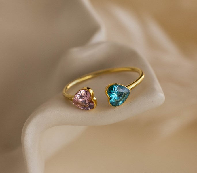 Mom & Daughter Double Heart Birthstone Open Ring, Personalized Jewelry, Light Luxury Style, Gift for Her, Custom Birthstone