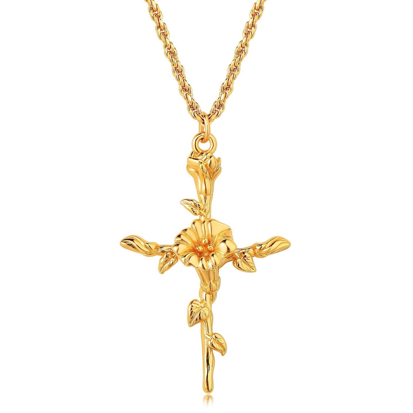 18K Gold Plated Cross Necklace, Birth Flower Pendant, 3D Floral Design, Adjustable O-Shaped Chain, Perfect Mother's Day Gift