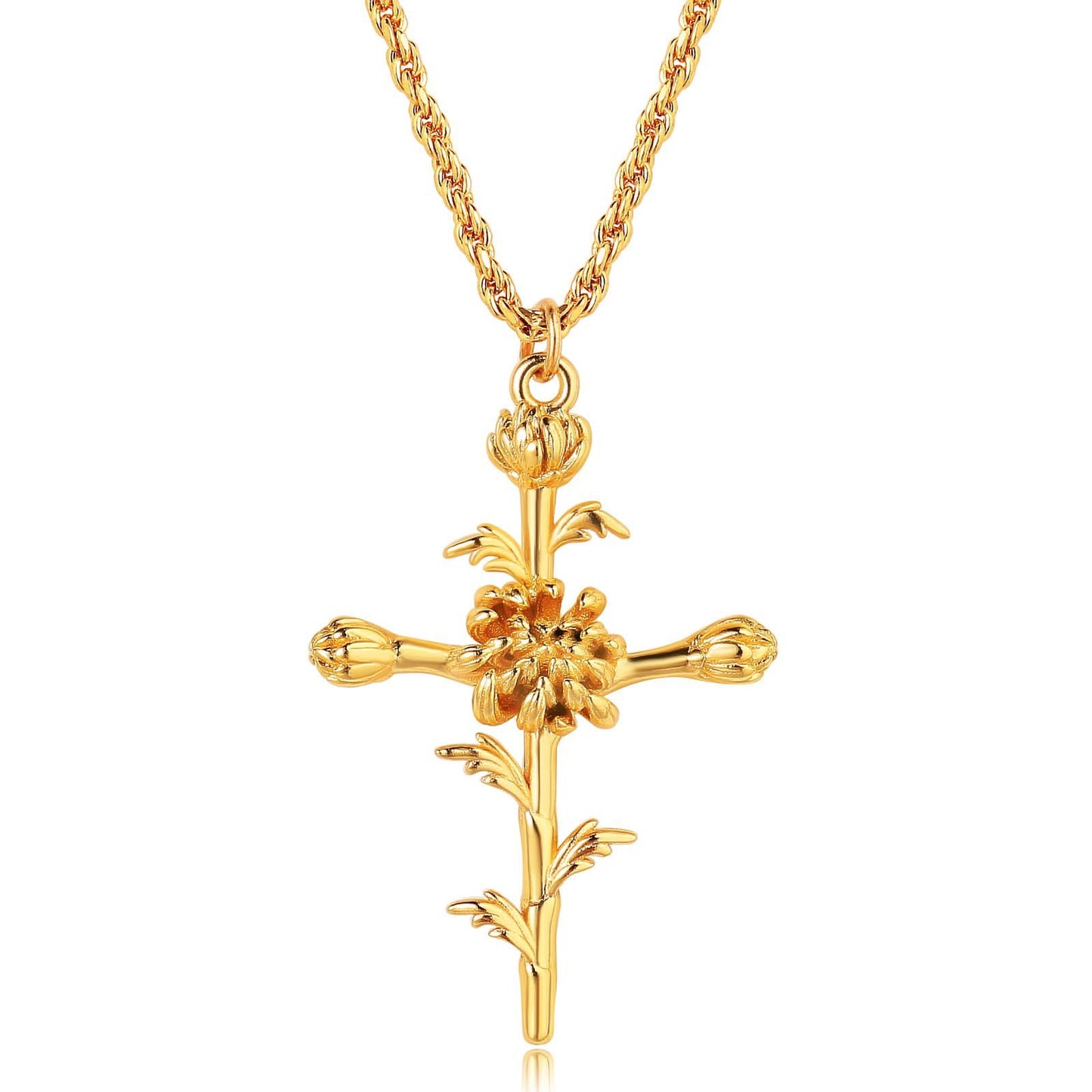 18K Gold Plated Cross Necklace, Birth Flower Pendant, 3D Floral Design, Adjustable O-Shaped Chain, Perfect Mother's Day Gift
