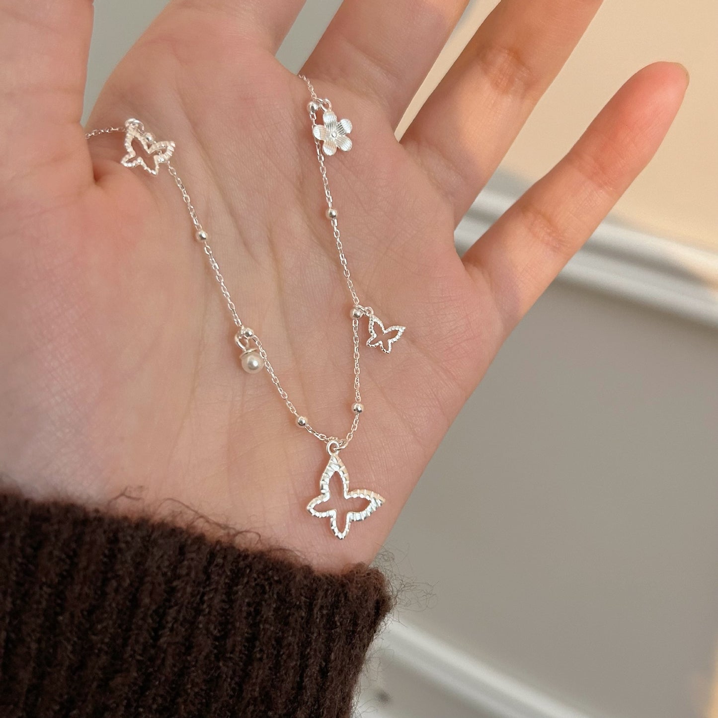 S925 Sterling Silver Butterfly Pearl Necklace - Women's Fashion Clavicle Chain