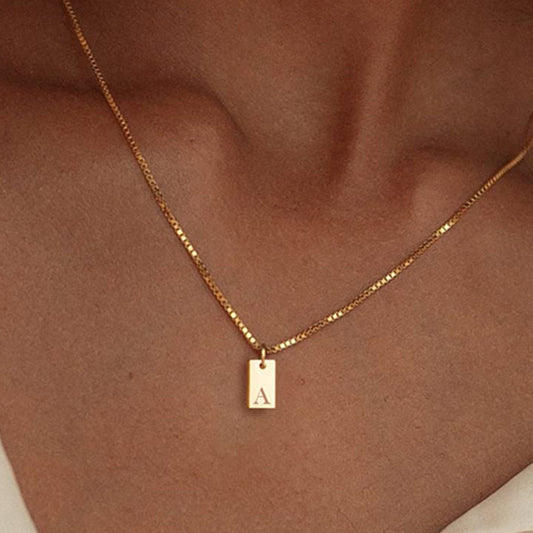 14K Gold Plated Name Necklace, Personalized Rectangle Pendant, Custom Name Jewelry, Elegant Gift for Her, Initial Letter Jewelry