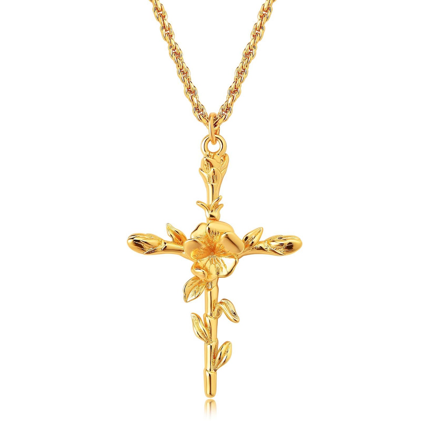 18K Gold Plated Cross Necklace, Birth Flower Pendant, 3D Floral Design, Adjustable O-Shaped Chain, Perfect Mother's Day Gift