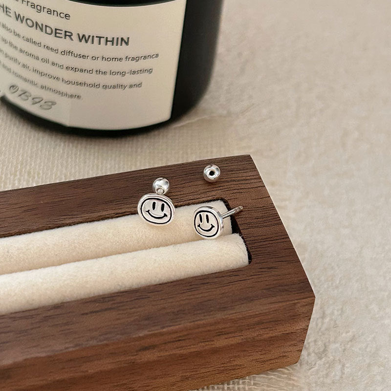 S925 Sterling Silver Round Smiley Face Earrings