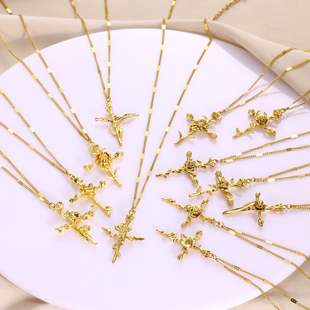18K Gold Plated Cross Necklace, Birth Flower Pendant, 3D Floral Design, Adjustable O-Shaped Chain, Perfect Mother's Day Gift