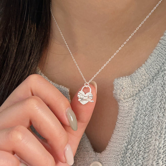 S925 Sterling Silver Heart Bow Love Necklace