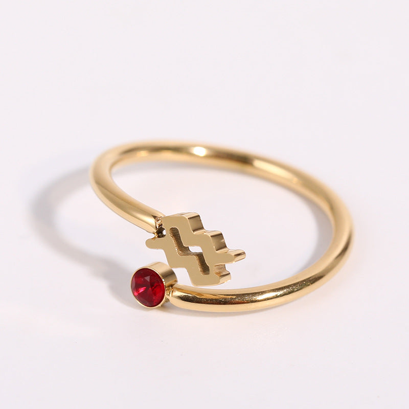 Zodiac Birthstone Ring, Adjustable Open Ring for Women, 18K Gold Plated, Zircon Inlaid, 12 Constellations, Unique Gift