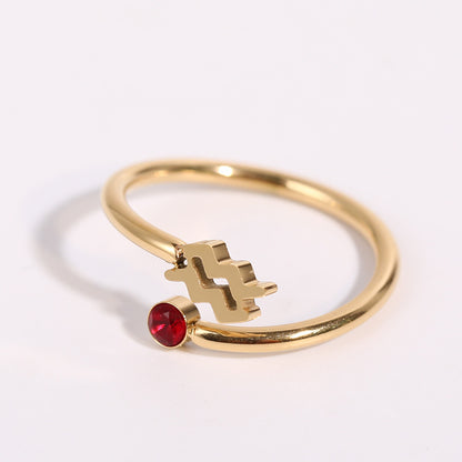 Zodiac Birthstone Ring, Adjustable Open Ring for Women, 18K Gold Plated, Zircon Inlaid, 12 Constellations, Unique Gift