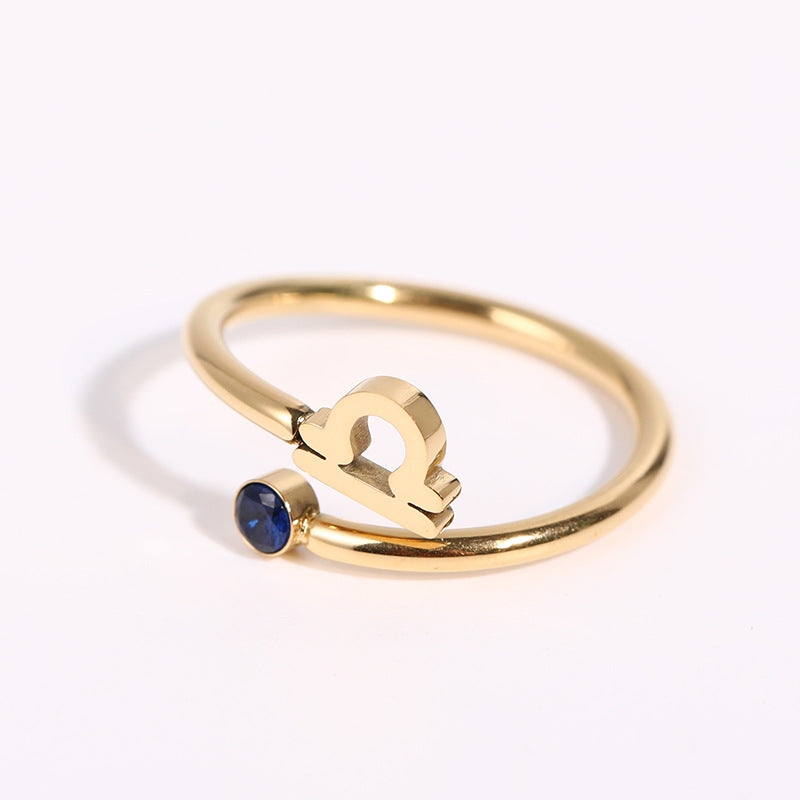 Zodiac Birthstone Ring, Adjustable Open Ring for Women, 18K Gold Plated, Zircon Inlaid, 12 Constellations, Unique Gift