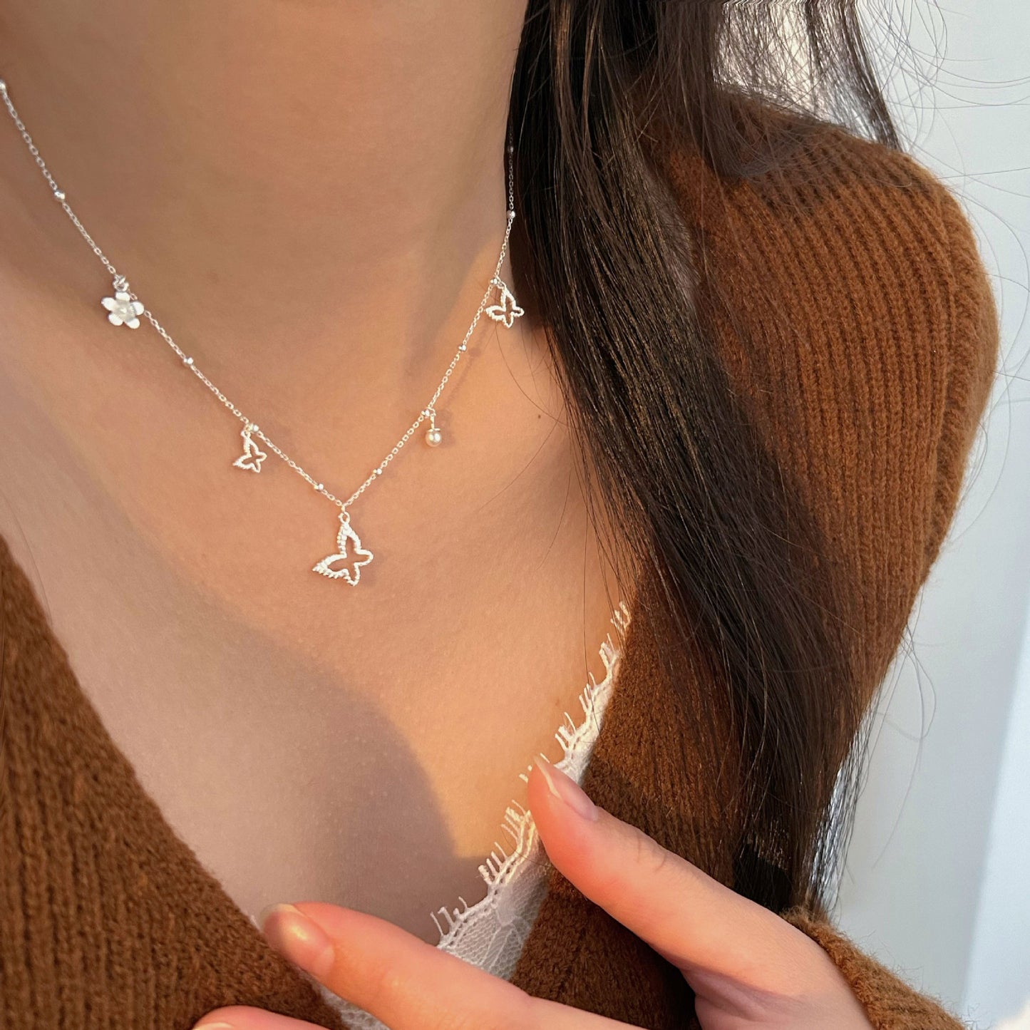 S925 Sterling Silver Butterfly Pearl Necklace - Women's Fashion Clavicle Chain