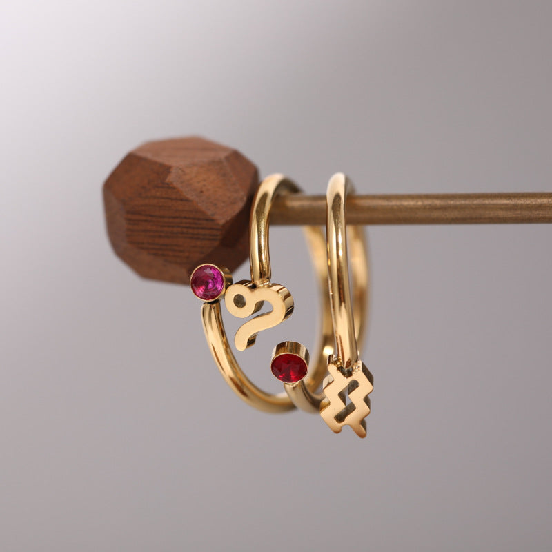 Zodiac Birthstone Ring, Adjustable Open Ring for Women, 18K Gold Plated, Zircon Inlaid, 12 Constellations, Unique Gift
