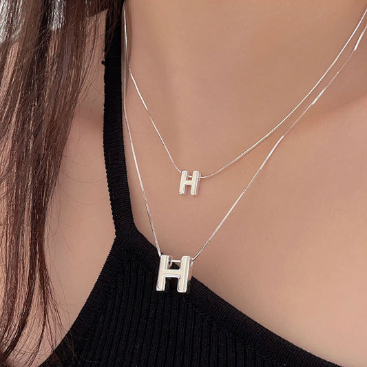 S925 Sterling Silver Letter H Snake Bone Necklace - Korean Simple Clavicle Chain
