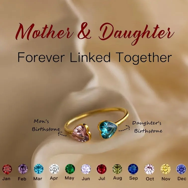 Mom & Daughter Double Heart Birthstone Open Ring, Personalized Jewelry, Light Luxury Style, Gift for Her, Custom Birthstone
