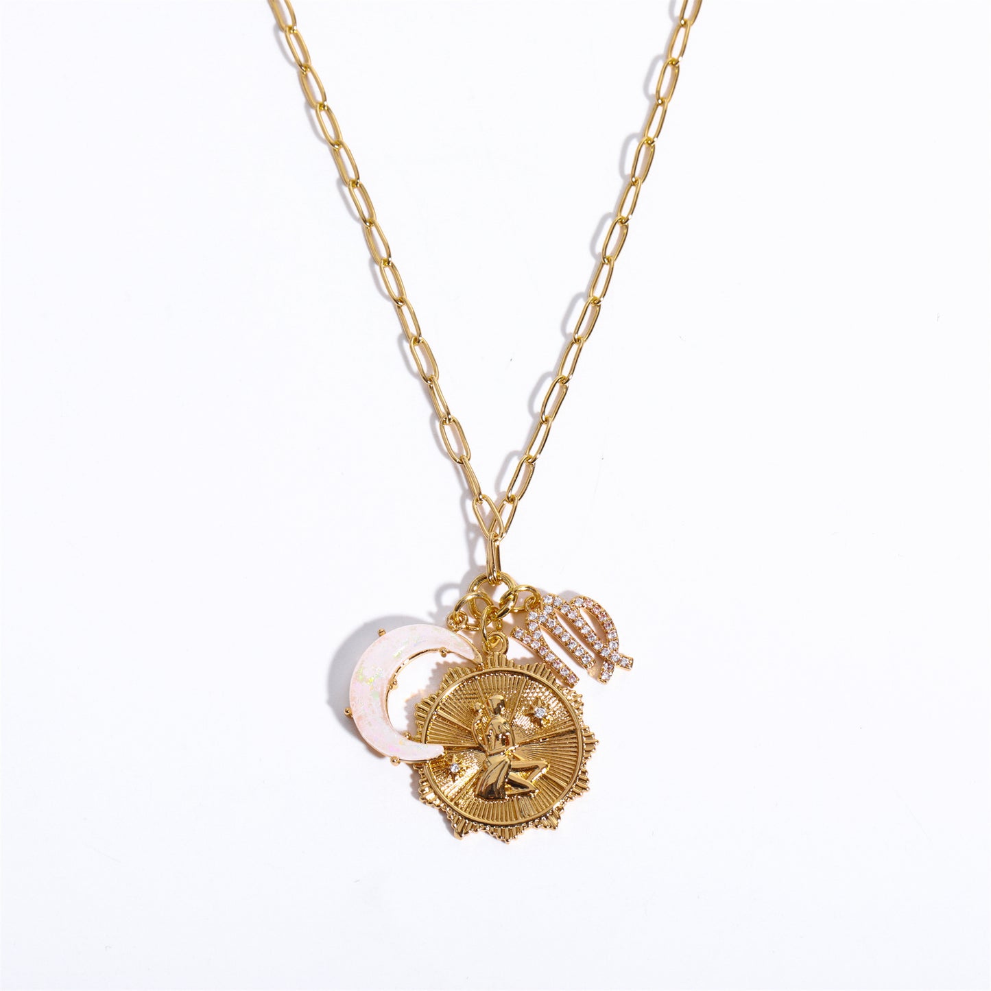 Zodiac Pendant Necklace, Astrological Sign Jewelry, Moon & Constellation Opal Charm, 12 Zodiac Runes, Gift for Her