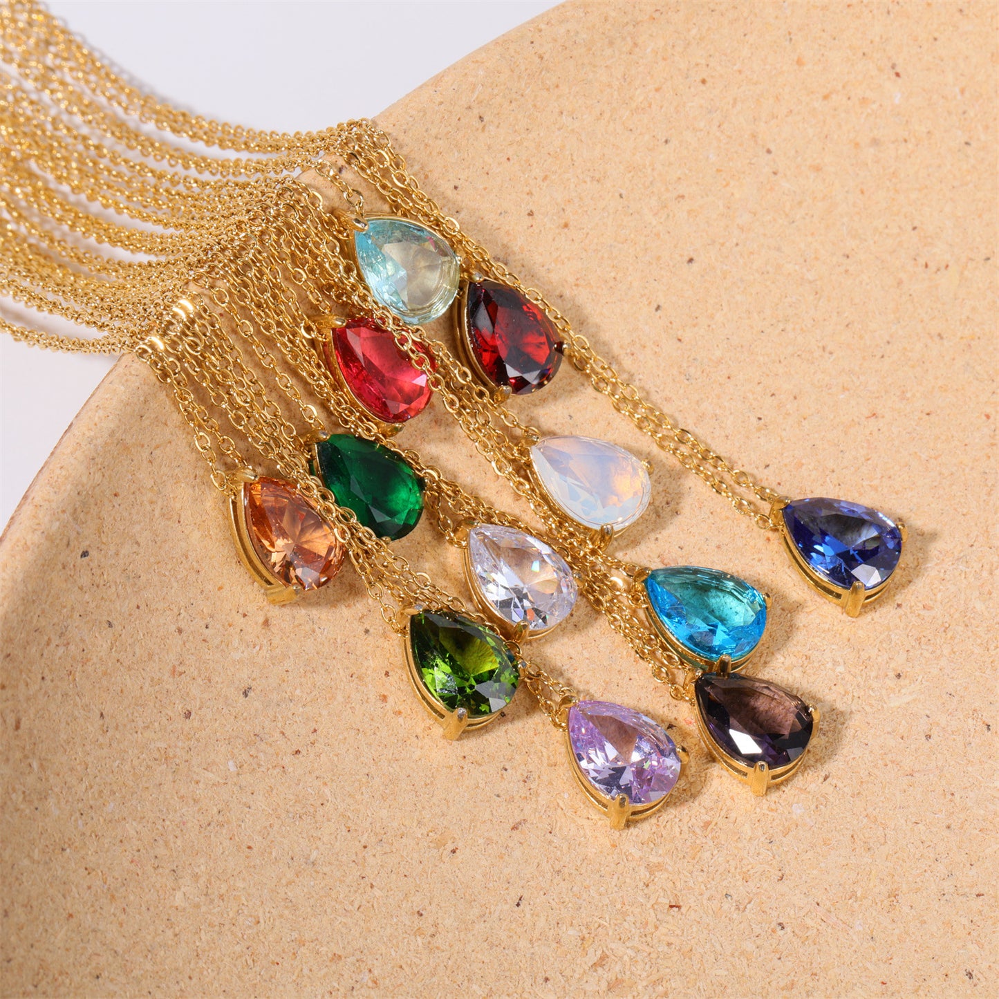 Pear Drop Zircon Birthstone Necklace  18K Gold Plated Titanium Steel