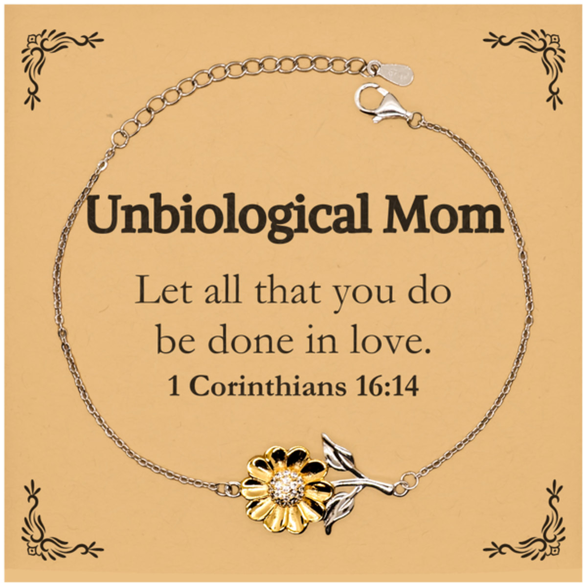 christian unbiological mom gifts let all that you do be done in love bible verse scripture sunflower bracelet baptism confirmation gifts for unbiological mom