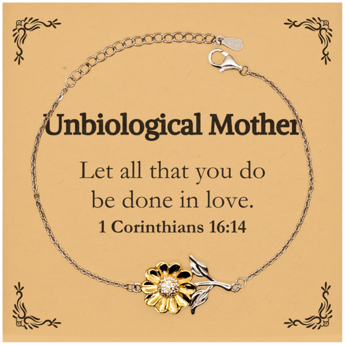 christian unbiological mother gifts let all that you do be done in love bible verse scripture sunflower bracelet baptism confirmation gifts for unbiological mother