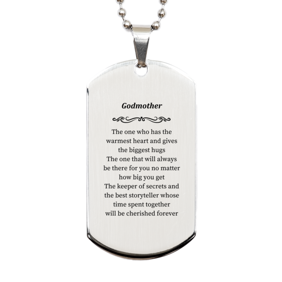 godmother engraved silver dog tag the keeper of secrets and best storyteller perfect gift for birthdays holidays and special occasions