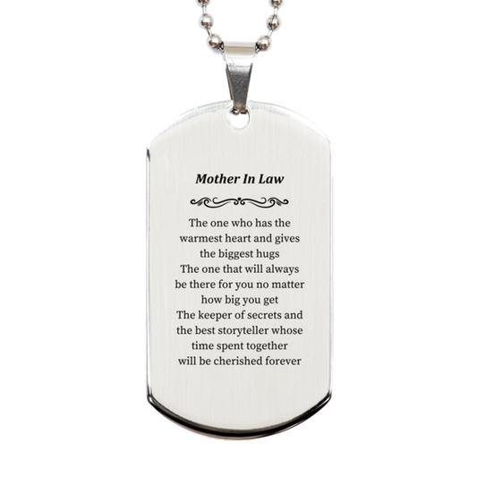 unique engraved silver dog tag for mother in law cherished memories warm hugs always there secret keeper best storyteller perfect gift for birthday holidays christmas graduation veterans day easter heartfelt mother in law appreciation