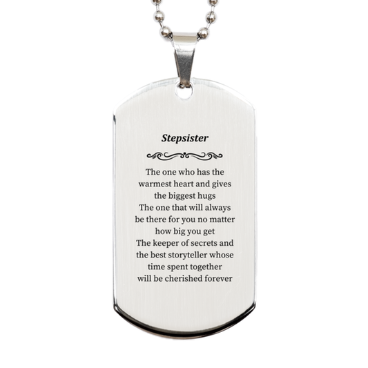 personalized stepsister engraved silver dog tag the keeper of secrets and best storyteller meaningful gift for birthday holidays christmas and graduation
