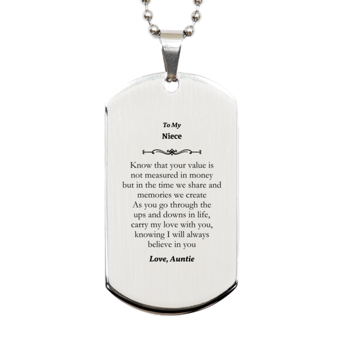 engraved silver dog tag for niece carry my love through lifes ups and downs inspirational gift for birthday holidays graduation unique remembrance from auntie