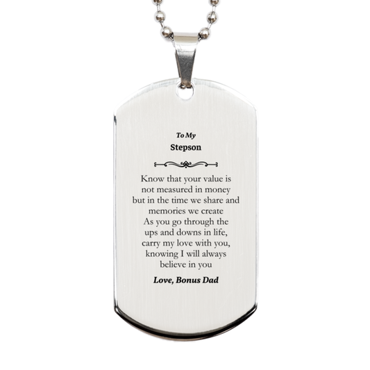 stepson engraved silver dog tag carry my love with you through lifes ups and downs perfect graduation gift for stepson bonus dads inspirational message for stepsons confidence and hope