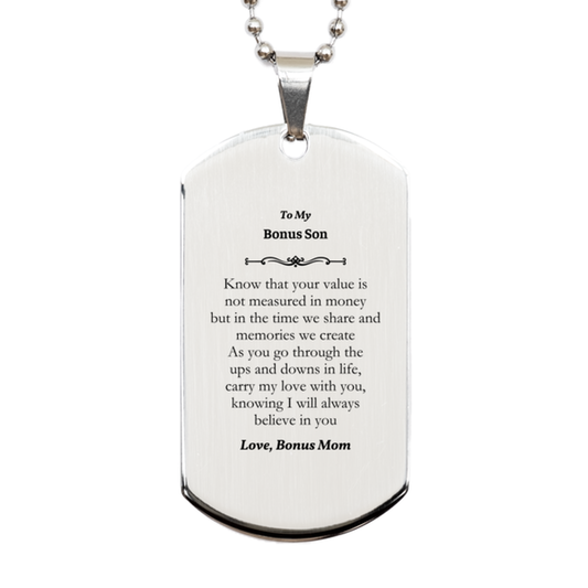 bonus son engraved silver dog tag gift from bonus mom for graduation memories and love carry always believe in you unique inspirational token of love for bonus son on christmas and holidays