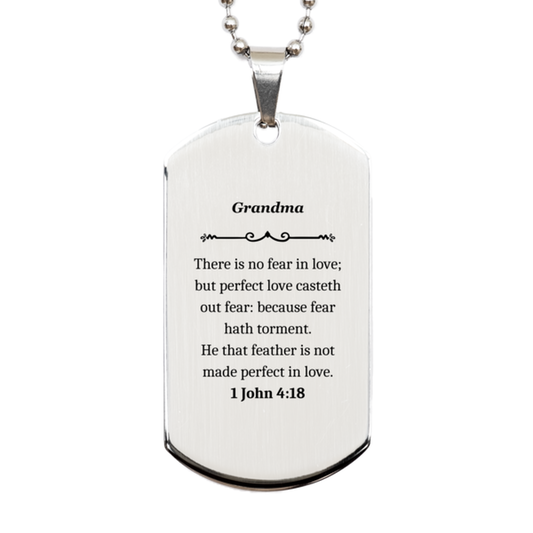 grandma silver dog tag engraved with 1 john 4 18 quote for inspirational christmas gift for grandma religious grandma silver dog tag for birthday heartfelt grandma silver dog tag for mothers day with bible quote