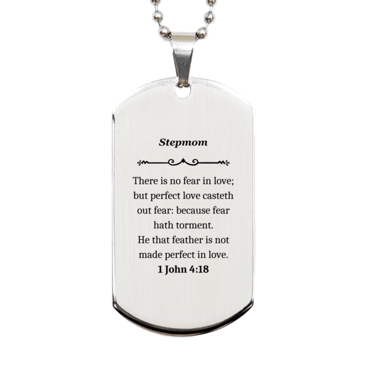 stepmom inspirational silver dog tag with 1 john 4 18 quote perfect gift for mothers day birthday christmas and graduation unique engraved jewelry for stepmom