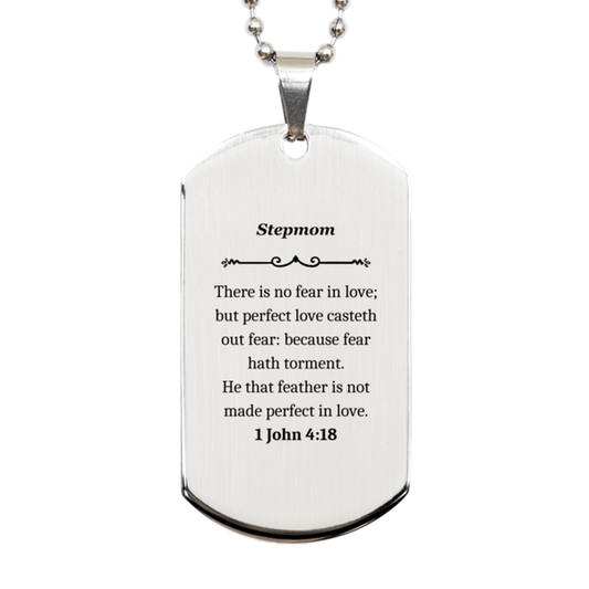 stepmom inspirational silver dog tag with 1 john 4 18 quote perfect gift for mothers day birthday christmas and graduation unique engraved jewelry for stepmom