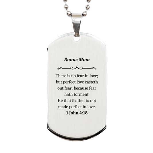 bonus mom engraved silver dog tag perfect love casteth out fear inspirational gift for bonus mother on birthday christmas graduation holidays 1 john 4 18 bible quote unique jewelry for bonus mom