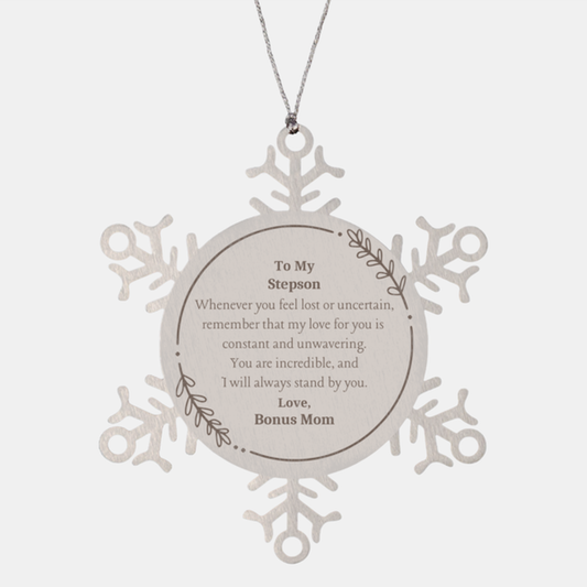 snowflake ornament stepson love reminder christmas gift for stepson from bonus mom engraved snowflake ornament for stepson with constant love and support perfect gift for stepson on christmas with bonus moms love and support unique snowflake orname