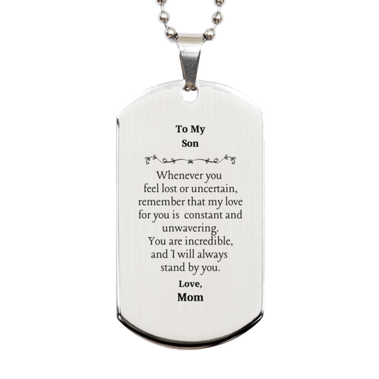 engraved silver dog tag son inspirational gift for birthday christmas graduation my love for you is unwavering mom stands by you always