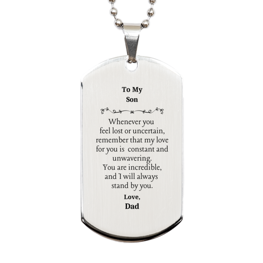 engraved silver dog tag for son remember dads love is unwavering perfect gift for birthday christmas graduation inspirational confidence reminder for him