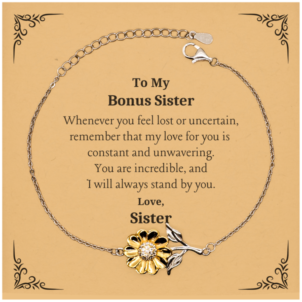 bonus sister sunflower bracelet inspirational gift for her birthday engraved love and confidence jewelry for sister niece daughter unique christmas and graduation present to my bonus sister you are incredible always remember that