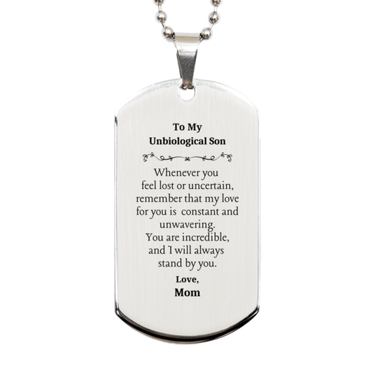 unbiological son silver dog tag engraved love gift for birthday and christmas reminding you of my constant and unwavering love mom