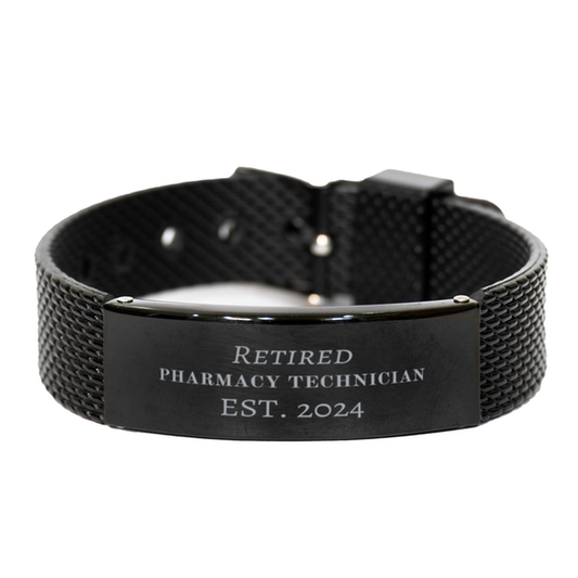 retired pharmacy technician est 2024 engraved black shark mesh bracelet for graduation celebration with confidence boosting design