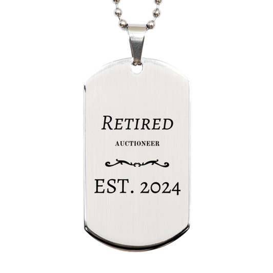 retired auctioneer est 2024 engraved silver dog tag for auctioneer fans graduation gifts veterans day and holidays