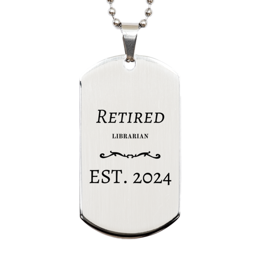 retired librarian est 2024 engraved silver dog tag for book lovers and graduates perfect for gifts