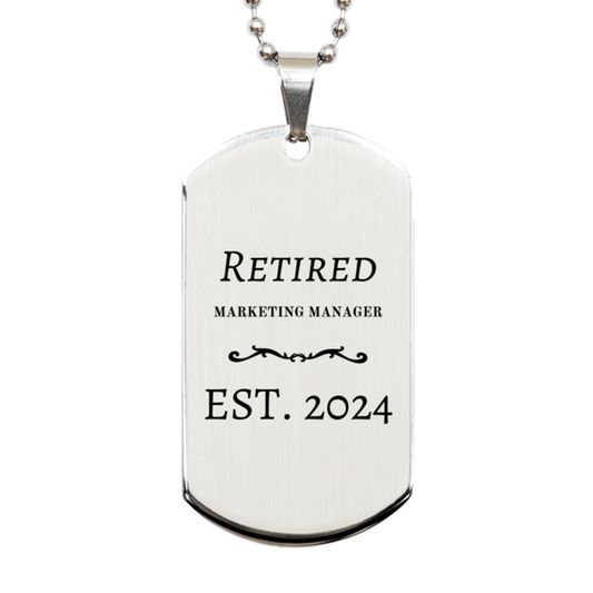 retired marketing manager est 2024 engraved silver dog tag perfect gift for work anniversary retirement and holidays