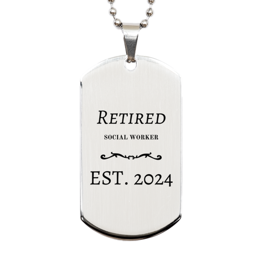 retired social worker est 2024 engraved silver dog tag gift for graduation or veterans day